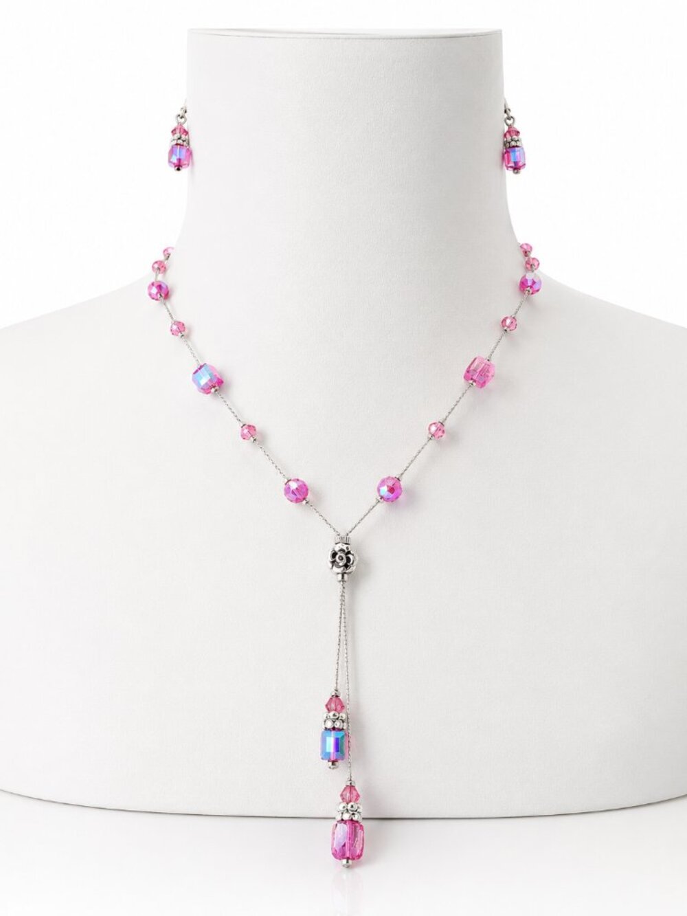 Vintage Y2K Dabby Reid Pink Lariat Swarovski Y Necklace and Earrings Set